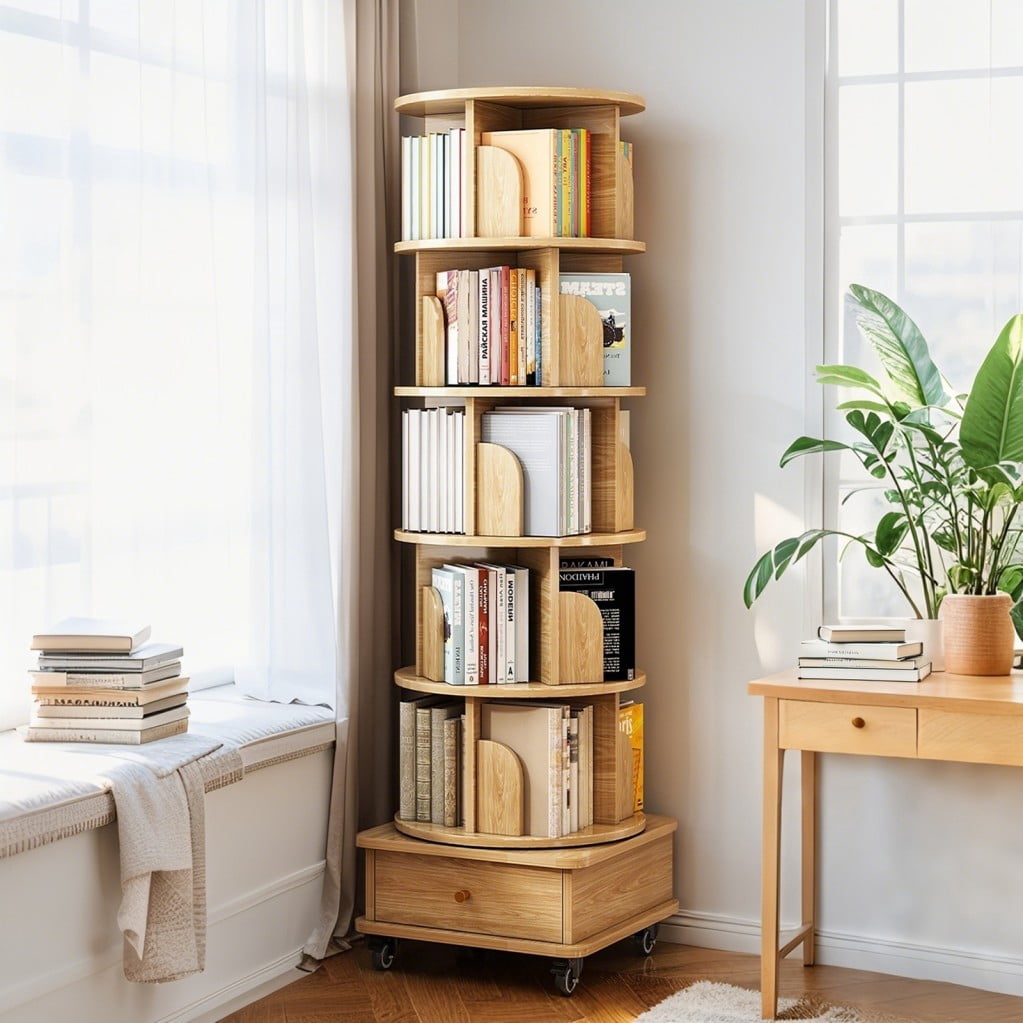 6-Tier Rotating Bookshelf with Wheels, 360° Spinning Bookcase Tower with Drawer & Wraparound Baffles, Space-Saving Storage Shelf, Natuarl