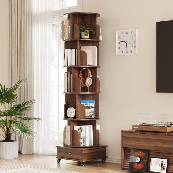 HoopieHome Modern 6-Tier Rotating Corner Bookshelf 360 Degree Spinning With Wheels Space-Saving Tall