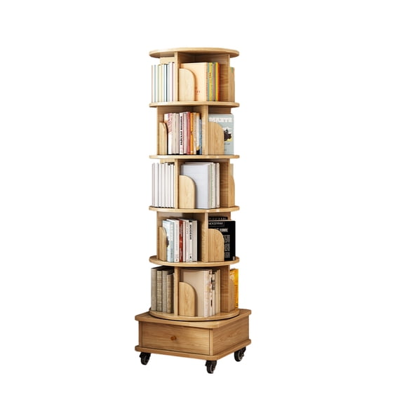 6 Tier Rotating Bookshelf with Wheels, 360 Spinning Space-Saving Wood Tower