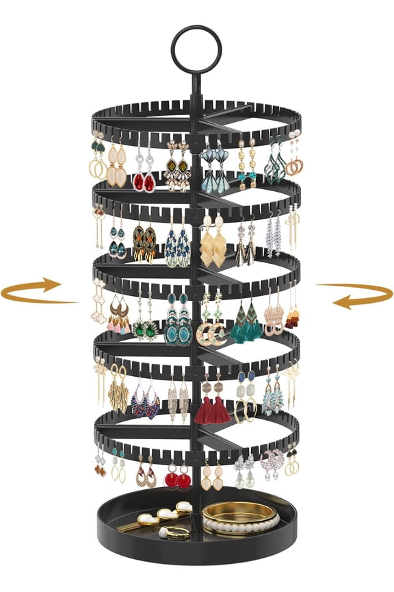 6 Tier Rotating Earring Holder Organizer Display Tree with Metal Tray, Adjustable Plastic Stand with 342 Slots for Stud Hoop Hanger, Large Capacity Storage Rack for Women, Pink
