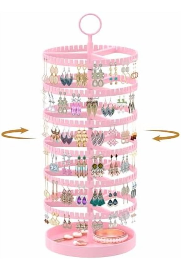 6 Tier Rotating Earring Holder Organizer Display Tree with Metal Tray, Adjustable Plastic Stand with 342 Slots for Stud Hoop Hanger, Large Capacity Storage Rack for Women, Pink