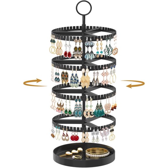 6 Tier Rotating Earring Holder Organizer Display Tree with Metal Tray, Adjustable Plastic Stand with 342 Slots for Stud Hoop Hanger, Large Capacity Storage Rack for Women, Purple