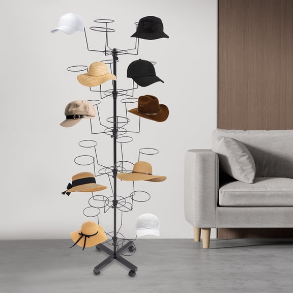 6-Tier Rotating Hat Rack with Wheels Black Iron Rolling Hat Display Stand 8.8 lbs Capacity Mobile Cap Organizer for Home