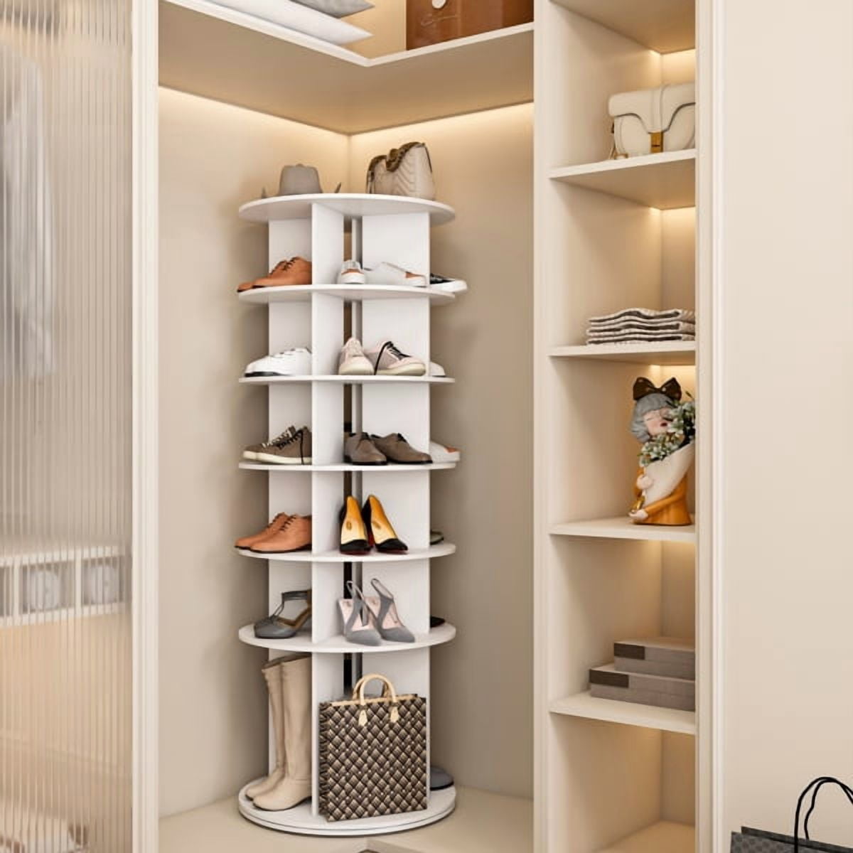 6-Tier Rotating Shoe Rack Tower - 23.7" Lazy Susan Spinning Design, 63.4"H, Sturdy Solid Board, Space-Saving for Shoes, Bags, Boots, Fits Closet/Home Decor