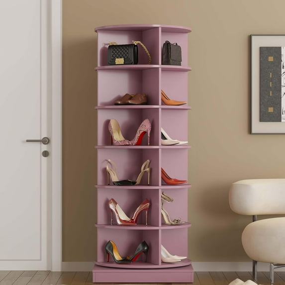 6-Tier Rotating Shoe Rack Tower 360, Free Standing Shoe Tower & Spinning Shoe Rack Tower Fit 24 Pairs of Shoes, Lazy Susan Rotating Shelf & Shoe Carousel for Entryway,Living Room (Pink, 6-Tier)