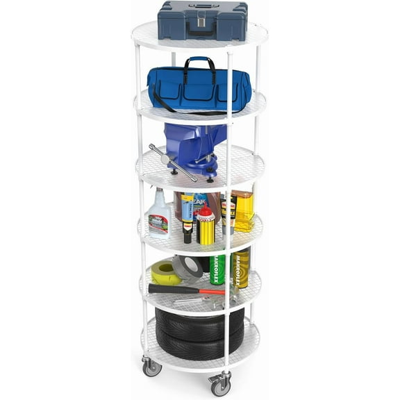 6 Tier Round Shelf 30in Diameter Wire Shelving Unit, NSF Heavy Duty Adjustable Storage Rack with Wheels & Shelf Liners for Corner Shelving and Room Center Display Shelving, 2400lbs, 85.5"High - White