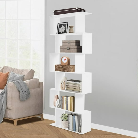 6 Tier S Shaped Bookshelf 6ft Tall Geometric Bookcase Modern Display Standing Shelf Decorative Storage Room Divider Shelves for Bedroom, Living Room, Office (White)