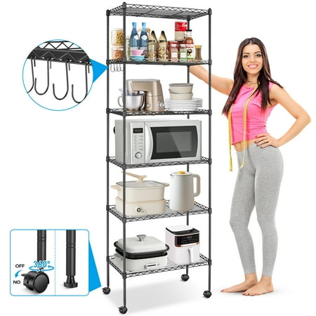 6-Tier Shelf Rack Wire Shelving Unit Storage Height Adjsutable Metal Shelf with 4 Side Hooks, 260lbs Capacity Free Standing Rack Organization for Kitchen Bedroom Garage