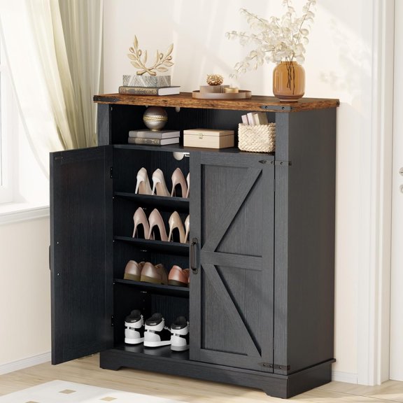 6-Tier Shoe Cabinet with Doors, Entryway Shoe Rack Shoe Storage Cabinet with Adjustable Shelves & Anti-tip Fitting, Farmhouse Shoe Cabinet Storage for Entryway, Living Room, Closet, Black
