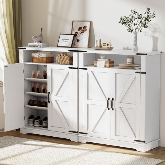 6-Tier Shoe Cabinet with Doors, Set of 2, Entryway Shoe Rack Shoe Storage Cabinet with Adjustable Shelves & Anti-tip Fitting for Entryway, Living Room, Closet (White, 4-Doors)