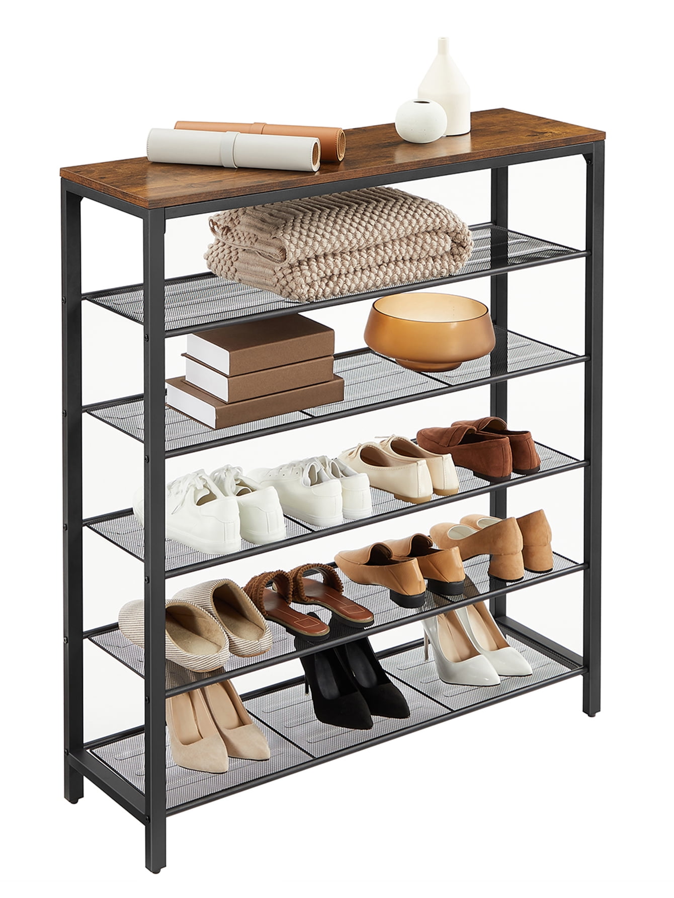 Rustic Brown and Black 6-Tier Particleboard and Metal Shoe Rack