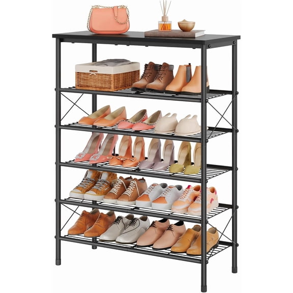 6 Tier Shoe Rack Organizer for 20-24 Pairs of Shoes, Metal Mesh Shoe Shelf for Closet, Industrial Shoe Rack for Entryway Shoe Storage with X Shape Fixed Frame, Black