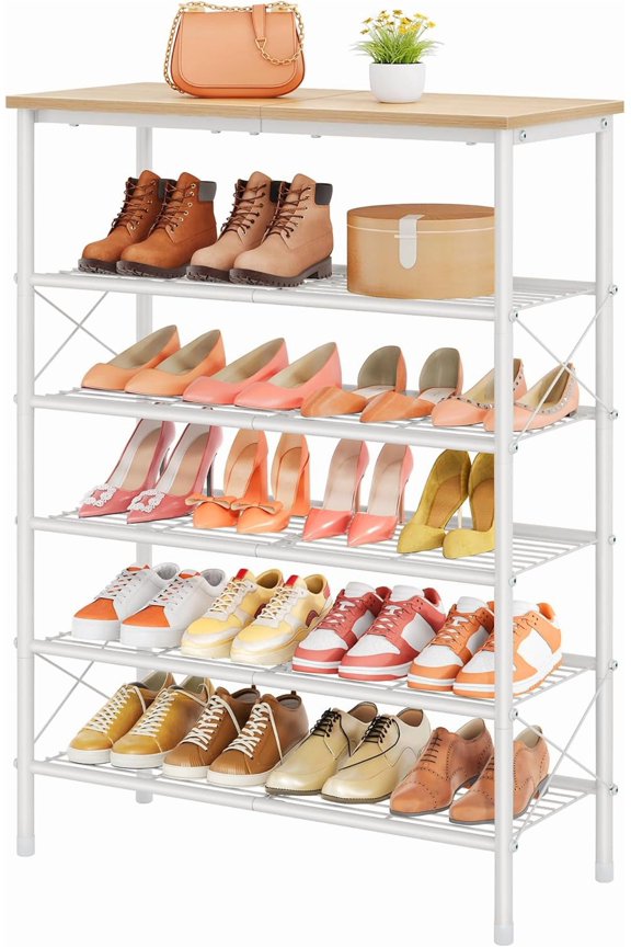 6 Tier Shoe Rack Organizer for 20-24 Pairs of Shoes, Metal Mesh Shoe Shelf for Closet, Industrial Shoe Rack for Entryway Shoe Storage with X Shape Fixed Frame, White & Log
