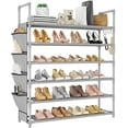 thumbnail image 1 of 6 Tier Shoe Rack, Shoe Organizer Storage for 24-30 Pairs Shoe and Boot, Long Shoe Shelf with Hook and Side Pocket Free Standing Tall Shoe Rack Organizer for Closet, Entryway, Dorm, 1 of 16