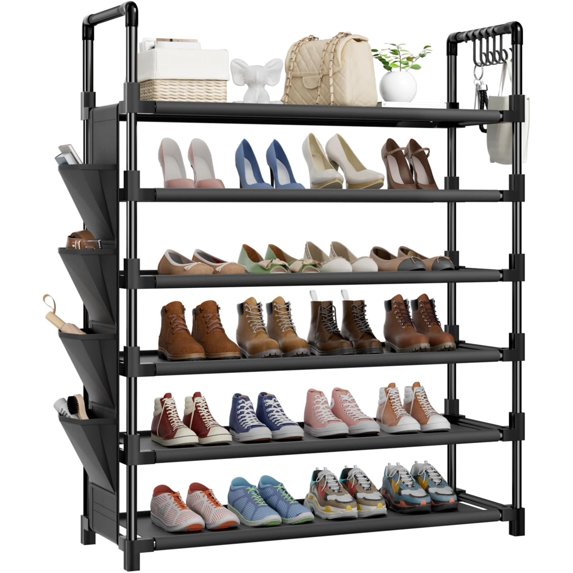 Side Way Shoe Rack 6 Tier Shoe Rack for 25-30 Pairs of Shoes,Metal Shoe Rack with Hook and ...