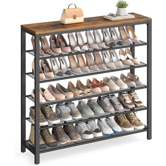 6-Tier Shoe Rack with 5 Metal Mesh Shelves, 24-30 Pairs Capacity, 39.4 W x 43.3 H Inches, Rustic Brown