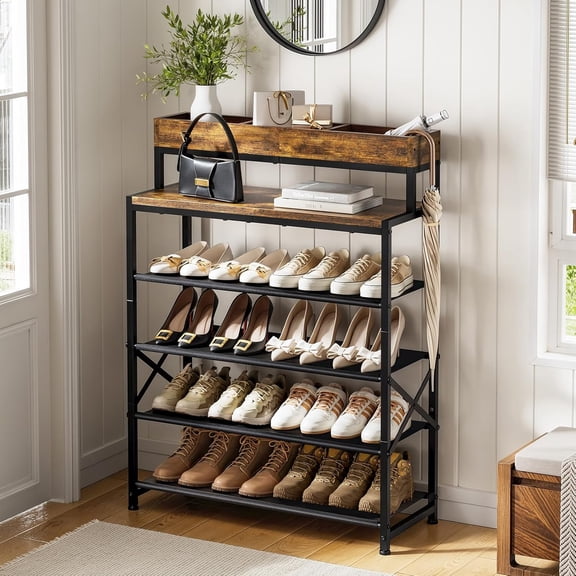 Shoe Rack, 6 Tier Shoe Storage Organizer with Compartment, Industrial Rustic Brown for Entryway and Closet