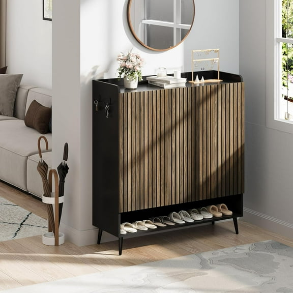 6-Tier Shoe Storage Cabinet with Fluted Doors - Adjustable Shelves Shoe Rack Organizer for Entryway, Hallway & Living Room, Space-Saving Shoe Cabinet with Hooks,for 24-30 Pairs