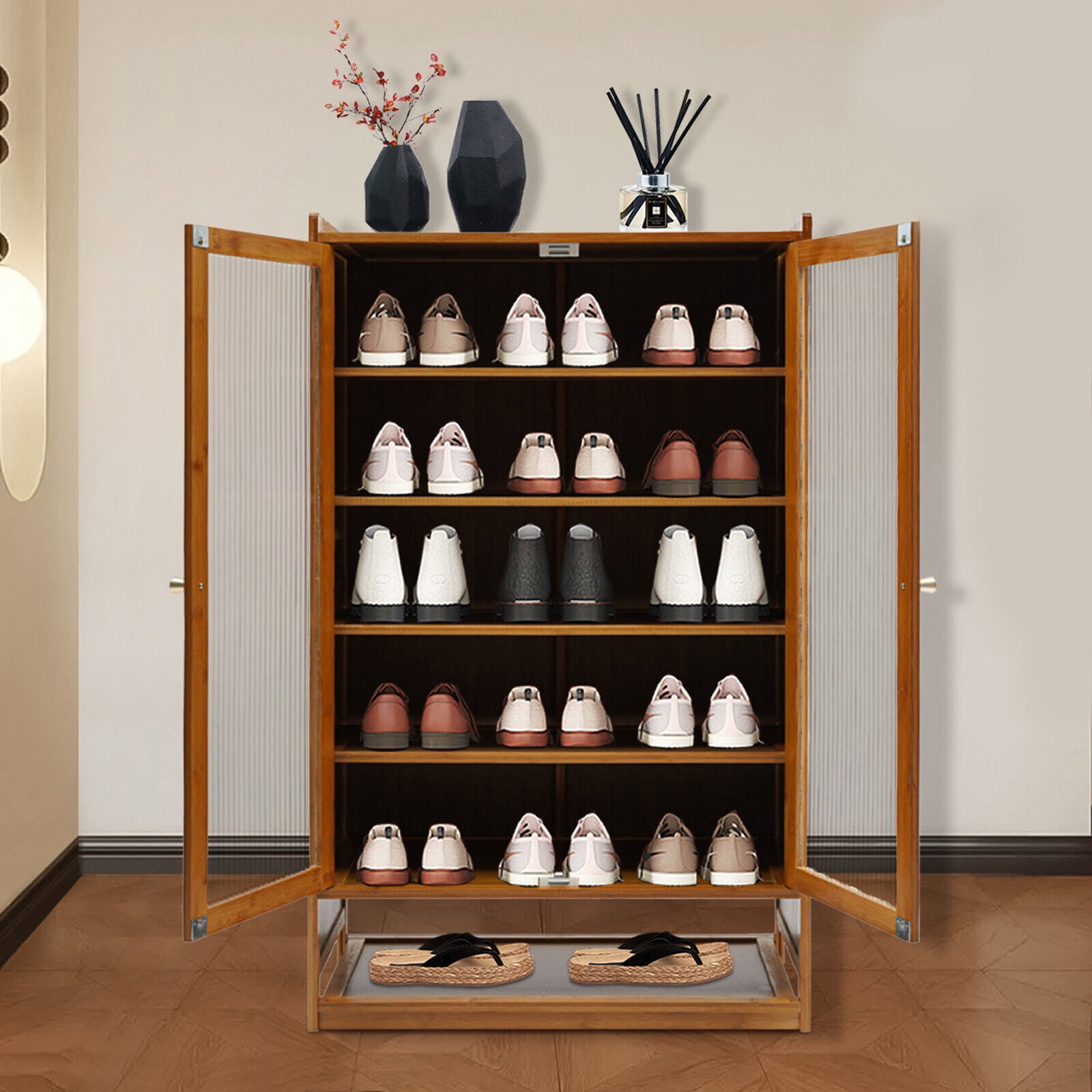 Shoe Rack Visual 6-Tier Shoe Storage Cabinet with Visual Double Doors, Shoe Organizer ...