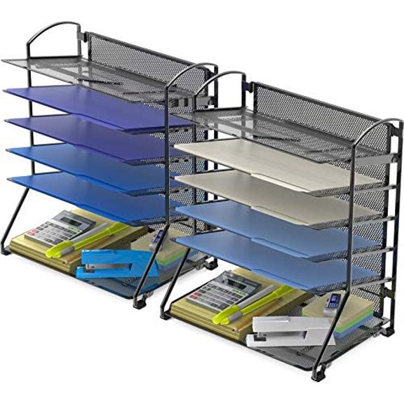 6-Tier Sliding File Organizer, Desk Letter Tray for Document and Mail Sorting, Black, 2 Packs