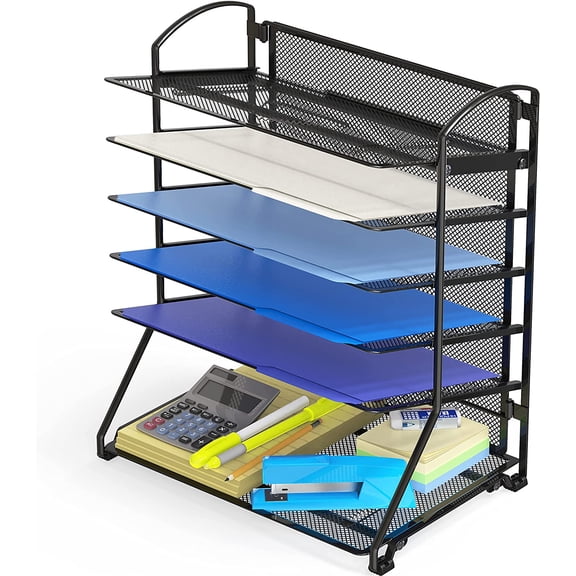 6-Tier Sliding File Organizer, Desk Letter Tray for Document and Mail Sorting, Black