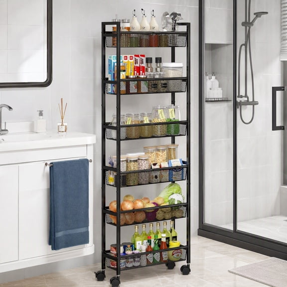 6Tier Slim Rolling Storage Cart, 6in Wide Black Metal Mobile Shelving Unit for Kitchen, Bathroom, Laundry and Narrow Spaces