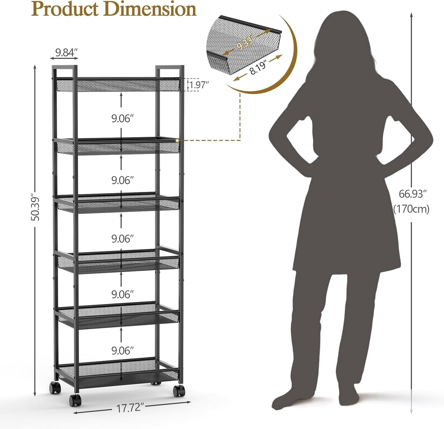 6 Tier Slim Rolling Storage Cart, Narrow Mobile Shelving Unit Organizer ...