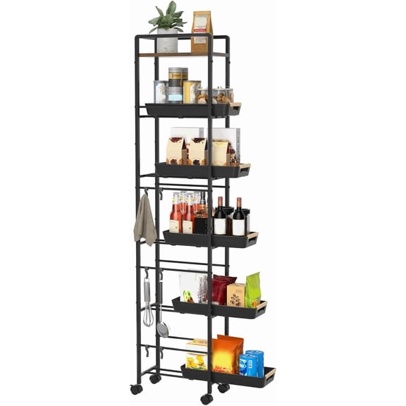 6 Tier Slim Rolling Storage Cart with Pull-Out Baskets and Wood Top Narrow Metal Utility Cart for Pantry Laundry Bathroom Kitchen Black 8 Inches Wide