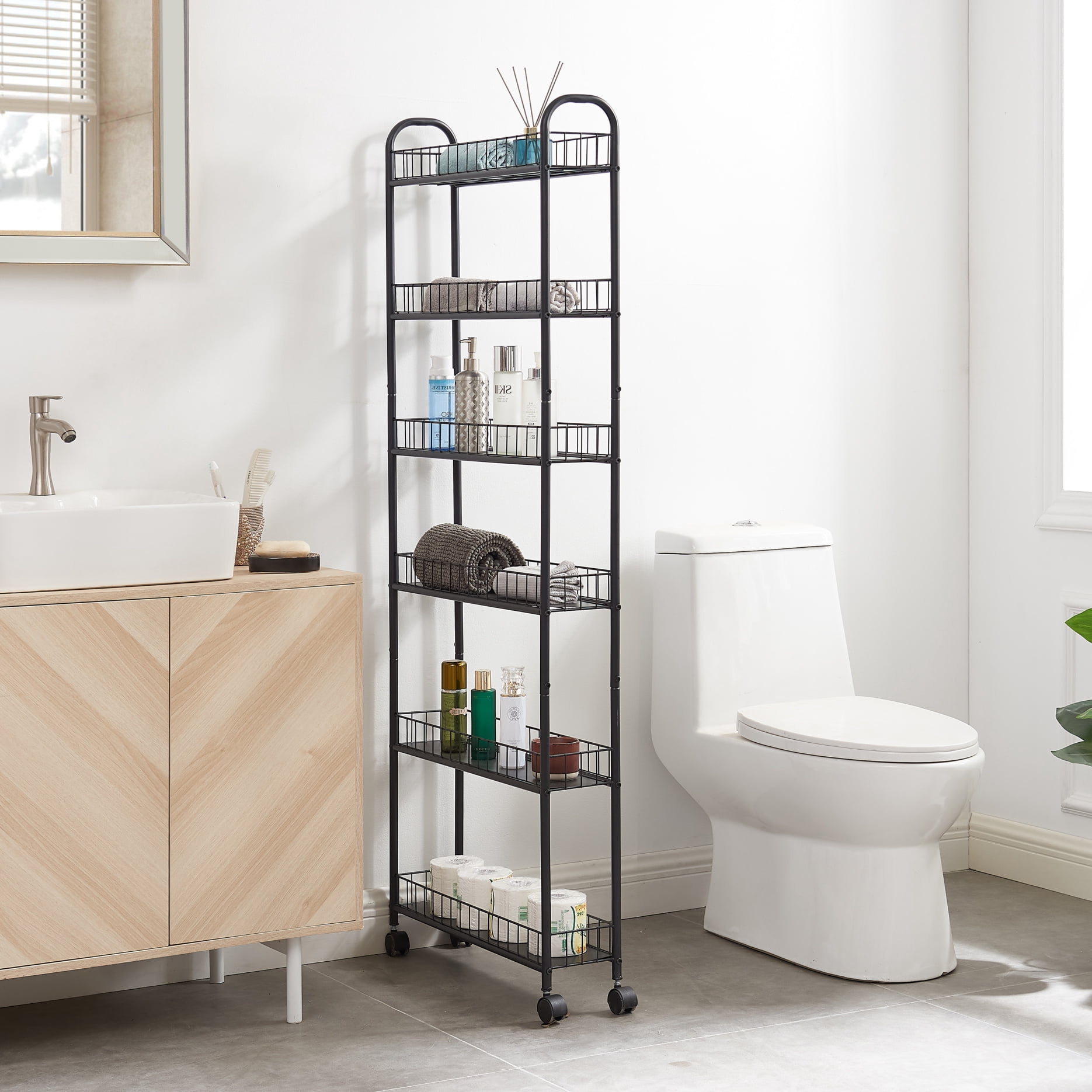 6-Tier Slim Rolling Storage Cart with Slide-Out Baskets, Space-Saving ...