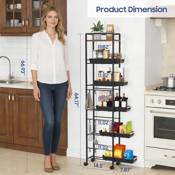 6 Tier Slim Storage Cart with Pull-Out Baskets Rolling Cart with Wheels Wood Top Narrow Utility Cart Metal Shelving Units for Pantry Laundry Room Bathroom Kitchen Black 8in(W)