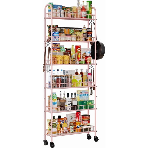 6-Tier Slim Storage Cart, Rolling Kitchen Cart with Wheels, Narrow Metal Shelf Organizer with Hooks for Kitchen, Bathroom, Living Room, Laundry, Small Spaces (White, 6 in)