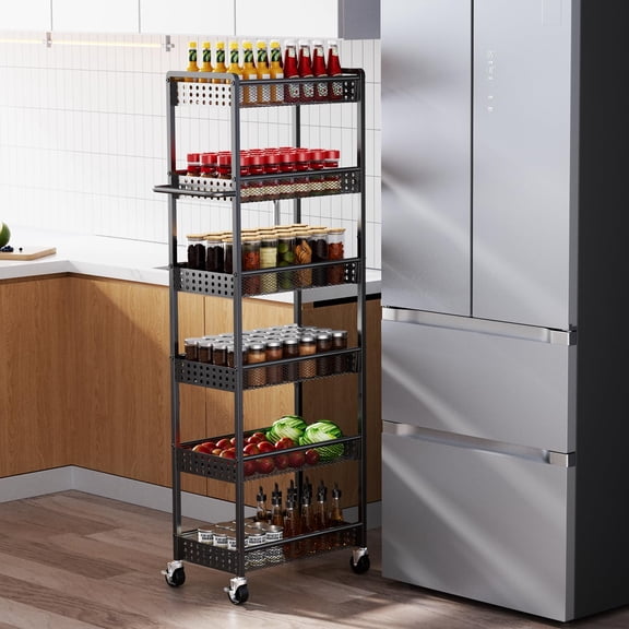 6 Tier Slim Storage Cart with Wheels, 10" D Rolling Storage Cart for Small Space, Metal Narrow Spice Cabinet Mobile Shelving Unit Organizer with Handle for Kitchen, Laundry - Black