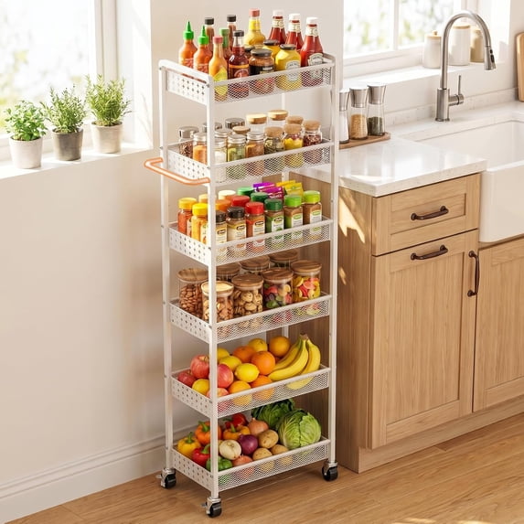 6 Tier Slim Storage Cart with Wheels, 10" D Rolling Storage Cart for Small Space, Metal Narrow Spice Cabinet Mobile Shelving Unit Organizer with Handle for Kitchen, Laundry - White