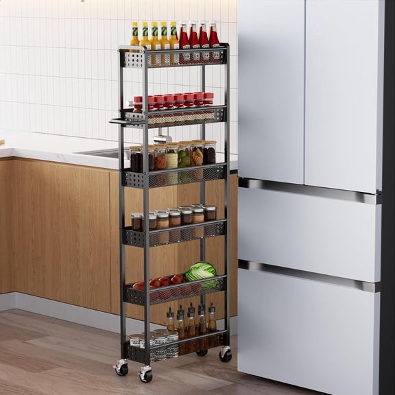 6 Tier Slim Storage Cart with Wheels, 6" D Rolling Storage Cart for Small Space, Metal Narrow Spice Cabinet Mobile Shelving Unit Organizer with Handle for Kitchen, Laundry