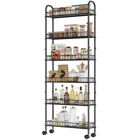6 Tier Slim Storage Cart with Wheels - Metal Mobile Shelving Unit Organizer for Office Bathroom Kitchen Laundry Room, Narrow Rolling Cart for Small Spaces 6 Inches Wide