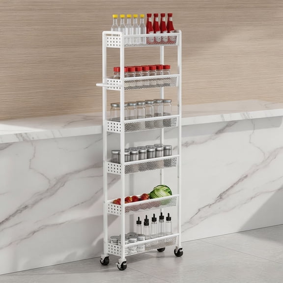 6 Tier Slim Storage Cart with Wheels, Rolling Storage Cart for Small Space, Metal Narrow Spice Cabinet Mobile Shelving Unit Organizer with Handle for Kitchen, Laundry - White