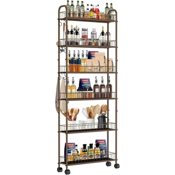 6-Tier Slim Storage Cart with Wheels, 6in Narrow Rolling Shelf,Sturdy Slim Storage Ideal for Kitchen, Bathroom, and Laundry Room,Champagne Gold