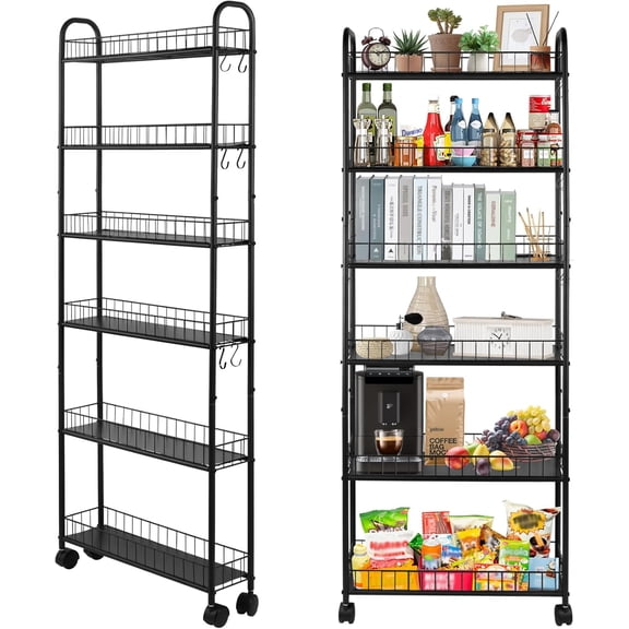 6 Tier Slim Storage Cart with Wheels Metal Rolling Organizer Utility Cart Narrow Mobile Shelving Unit for Kitchen Bathroom Black 6 Inch