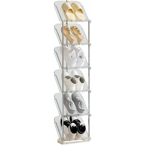 6 Tier Sloping Narrow Shoe Rack, Free Standing Vertical Shoes Shelf, Small Spaces Corner Shoe Organisers Storage Shelf for Entryway, Hallway, Front Door