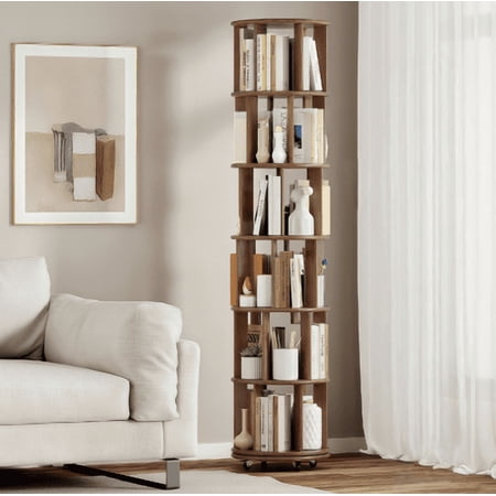 6 Tier Solid Wood Rotating Bookshelf with Wheels, Round Revolving Bookcase, 360° Spinning Storage Shelf for Small Space, Corner, Bedroom, Office