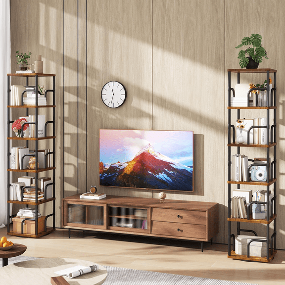 6 Tier Square Rotating Bookshelf, 360 Spinning Bookcases Tower,Freestanding Corner Bookshelf with Rails,Industrial Swivel Bookcase Organizer for Bedroom, Living Room,Study,Brown,UTBC005H