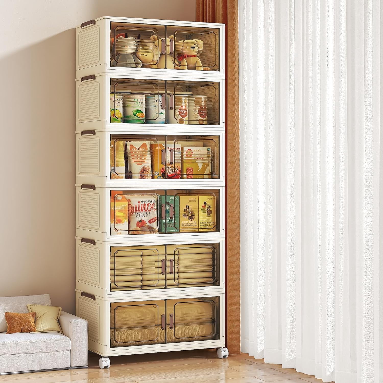 6-Tier Stackable Foldable Storage Bins with Wheels, Collapsible Plastic ...