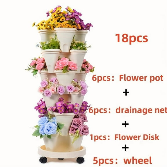 6-Tier Stackable Planter Pots Set 18 Pcs, Vertical Flower Pot for Indoor Outdoor Garden, Herb Strawberry Succulent, with Wheels & Tools, Space Saving Patio Balcony Decor