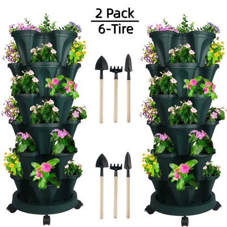 6 Tier Stackable Planter Vertical Garden Indoor/Outdoor for Herbs, Strawberries, Vegetables & Succulents, Speckled - Green,2 Set