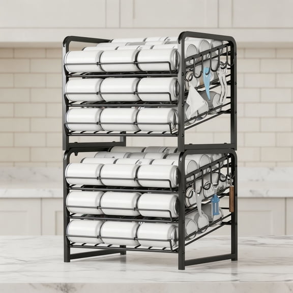 6-Tier Stackable Soda Can Rack Organizer for Pantry, Adjustable Can Dispenser Holds Up to 60 Cans, with 12 Hooks, Can Storage Holder for Various Ounces of Canned Food Soda Drinks, Black, 2 Pack