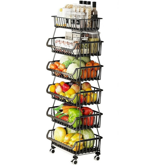 6 Tier Stackable Wire Storage Basket with Wheels, Tall Standing Produce Kitchen Rack, Narrow Rolling Cart for Pantry, Onion, Potato, Black