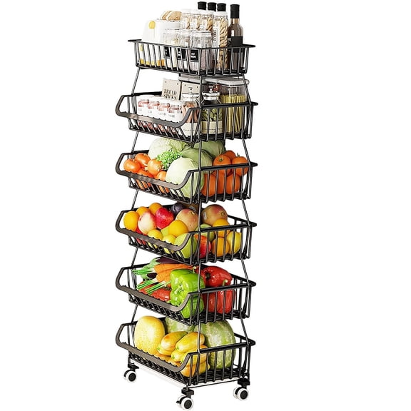 6 Tier Stackable Wire Storage Baskets with Wheels, Tall Standing Produce Kitchen Rack, Narrow Rolling Cart for Pantry, Onion, Potato, Snacks, Black