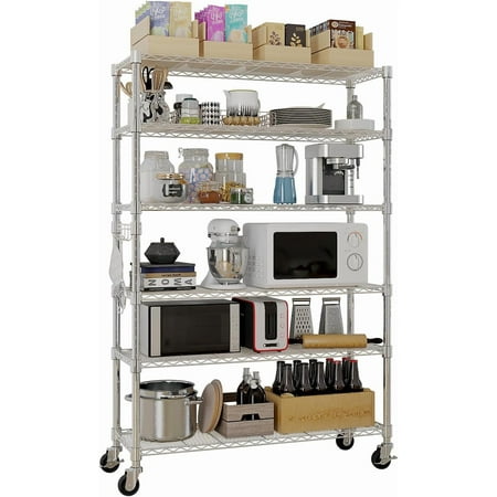 6 Tier Storage Racks Shelving, Heavy Steel Pantry Shelves, Adjustable Wire Shelving Rack with Wheels, Suitable for Garage, Kitchen, Bathroom, Office, 46" W x 18" D x 82" H, Chrome