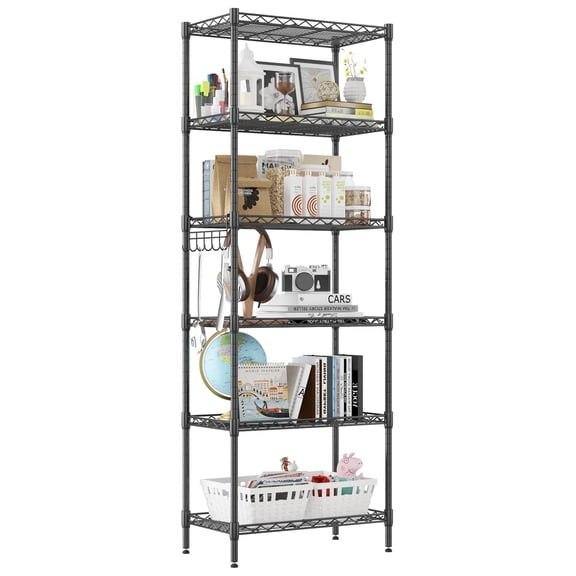 6-Tier Storage Shelf Wire Shelving Unit Free Standing Rack Organization Adjustable Leveling Feet, Stainless Side , Black
