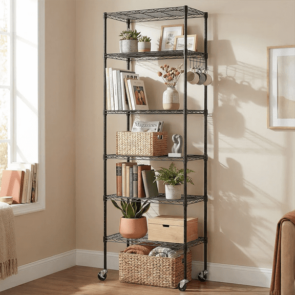 6-Tier Storage Shelf Wire Shelving Unit Free Standing Rack Organization with Caster Wheels, Stainless Side Hooks, Silver Gray | Rack Organization, with Caster Wheels, Stainless Side Hooks